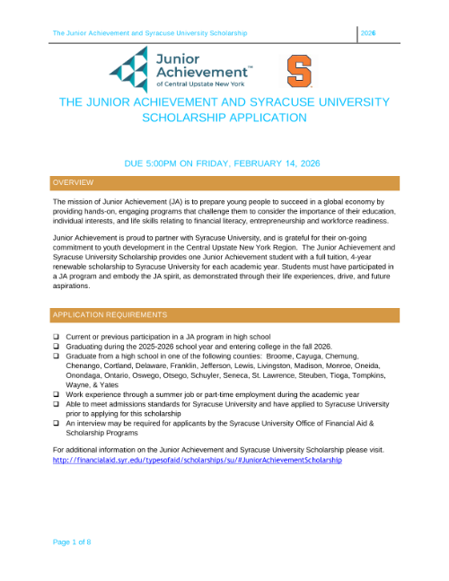 The Junior Achievement and Syracuse University Scholarship Application